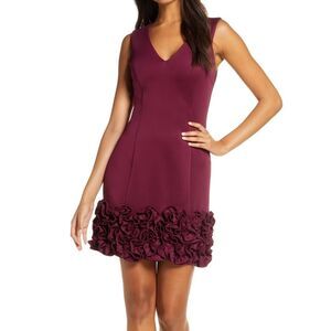 Donna Ricco Dress Burgundy Color Mini Dress Flower Design at bottom Size 2